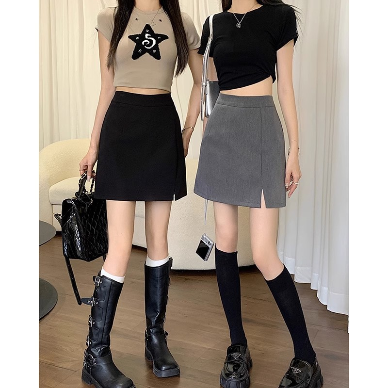 Spring and Summer High Waist Anti-glare A- line Skirt Split Hip Skirt Women's plus size chubby girl Niche College Suit Skirt
