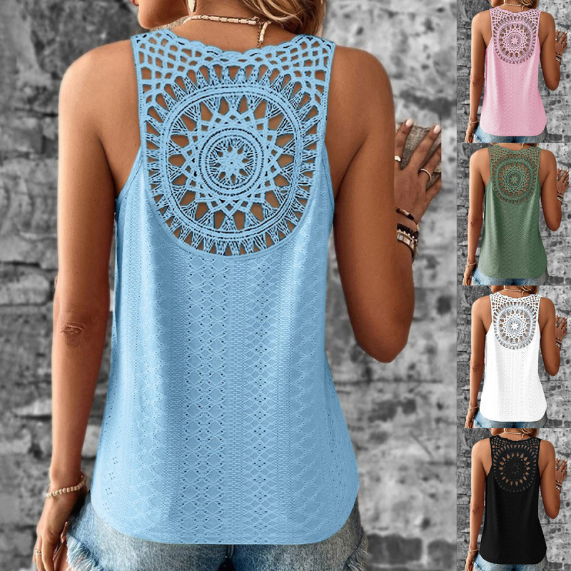 2025 Aliexpress New Summer Back Cut Out Lace Pure Color V Neck Vest Top for Women