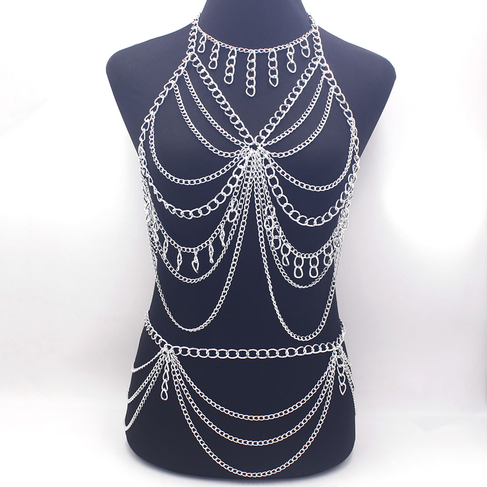 Cross-border jewelry Europe and the United States exaggerated aluminum chain tassel long chest chain waist chain a set of beach bikini sexy body chain