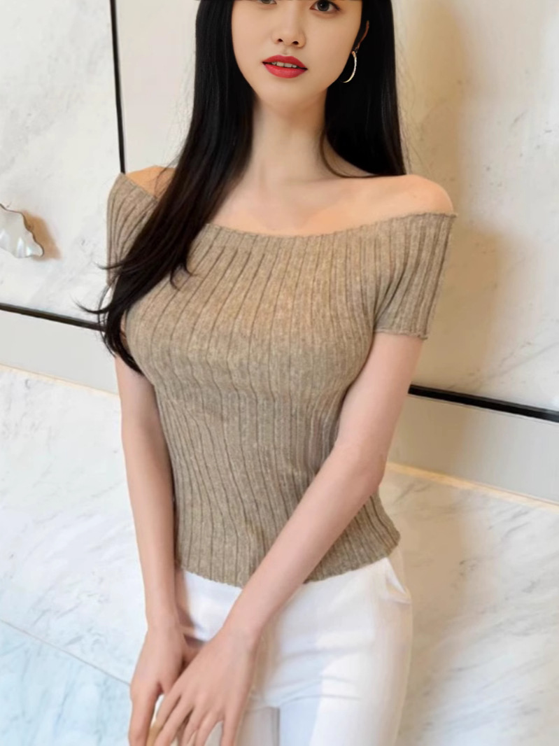 South Korea's Dongdaemun New Slim-Fitting Sexy Feminine One-Line Off-Shoulder Elastic Texture Knitted Short-Sleeved T-Shirt Top