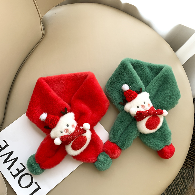Winter in stock Warm Comfortable Christmas Fawn Cartoon Fur Ball Red Green Baby Fluff Scarf Children's Scarf