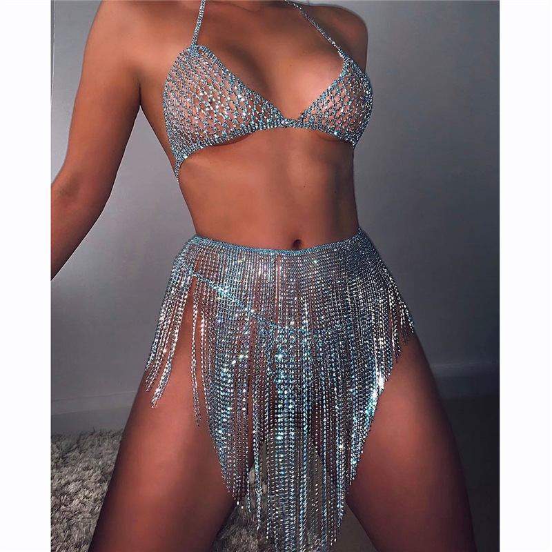 Cross-border Hot Blue Crystal Sexy Body Chain Set Nightclub Bikini Bra Shorts Skirt Body Accessories