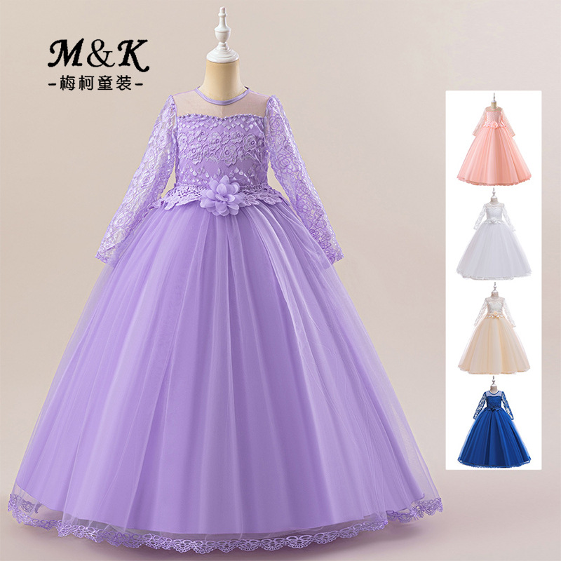2024 Cross Border Long Lace Girls' Dress Lace Long Sleeve Embroidered Princess Dress Wedding Flower Girl Dress dress