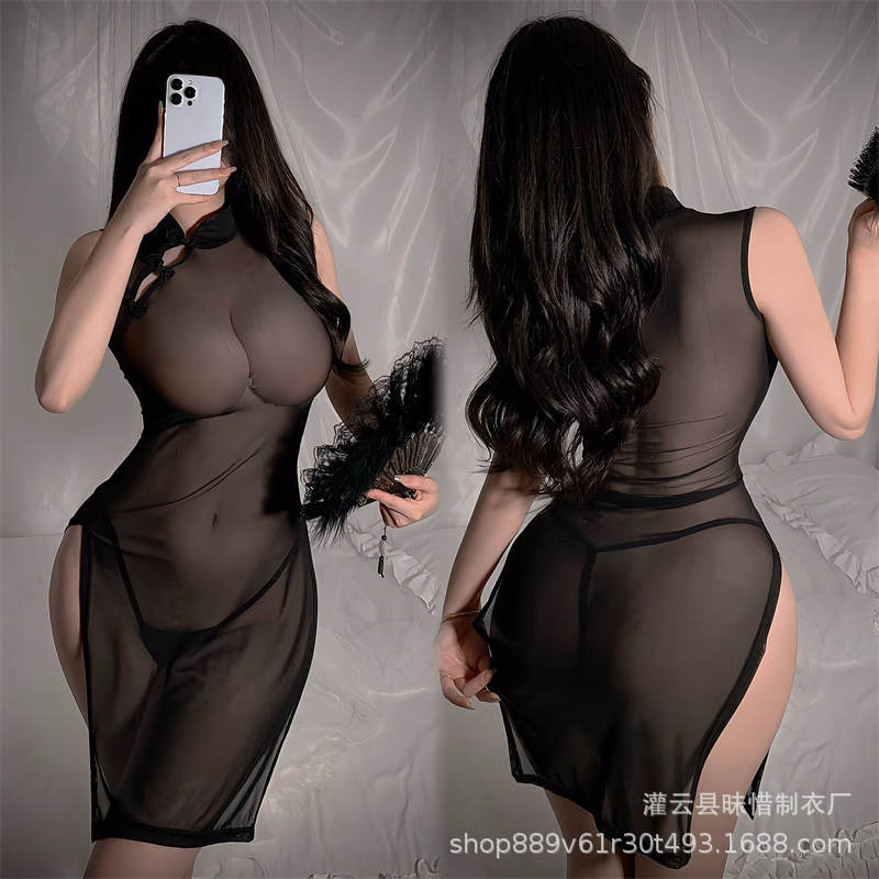 New Sexy Mesh Cheongsam Uniform Temptation suit Women's Split Perspective Non-stripping Sex Lingerie Women's plus size Pajamas