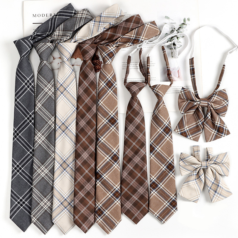 Brown Retro Coffee Plaid Tie Women's Lazy No-Hit Japanese College Style Jk Small Tie Bow Tie Men's Hand Tie