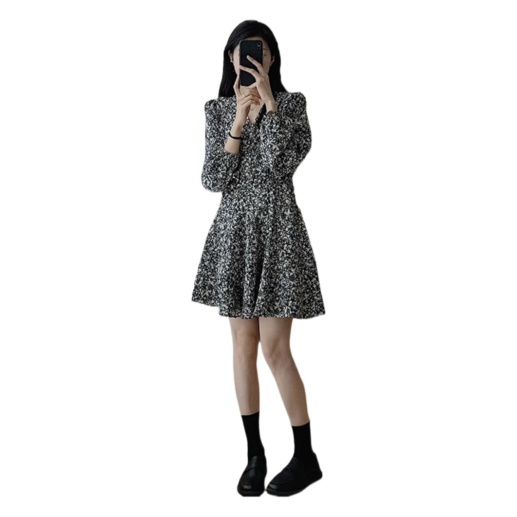 French style elegant long sleeve floral dress early Autumn 2023 new women's clothing slimming short skirt for small people