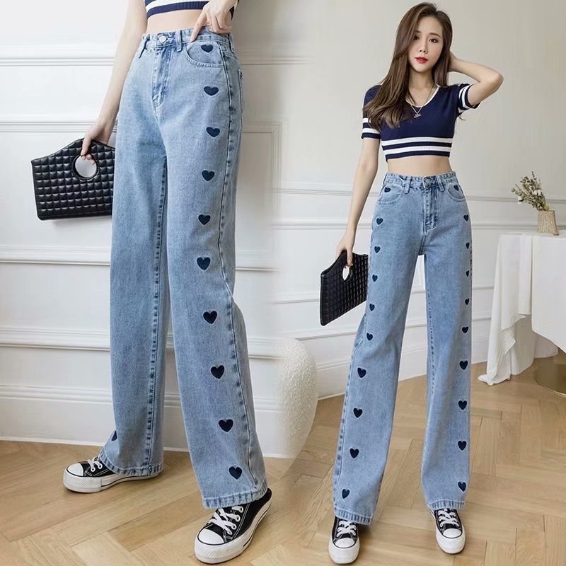 High Waist Dipped Straight Leg Jeans Women's 2023 Spring and Autumn New Fashionable Loose All-match Straight Leg Loving Heart Trendy Trendy Pants