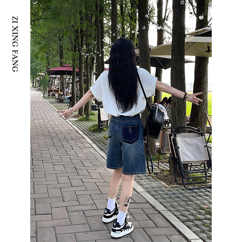Picture of Blue Denim Shorts Women's Summer Thin 2023 New High Waist Loose Slimming a-line Straight Pants