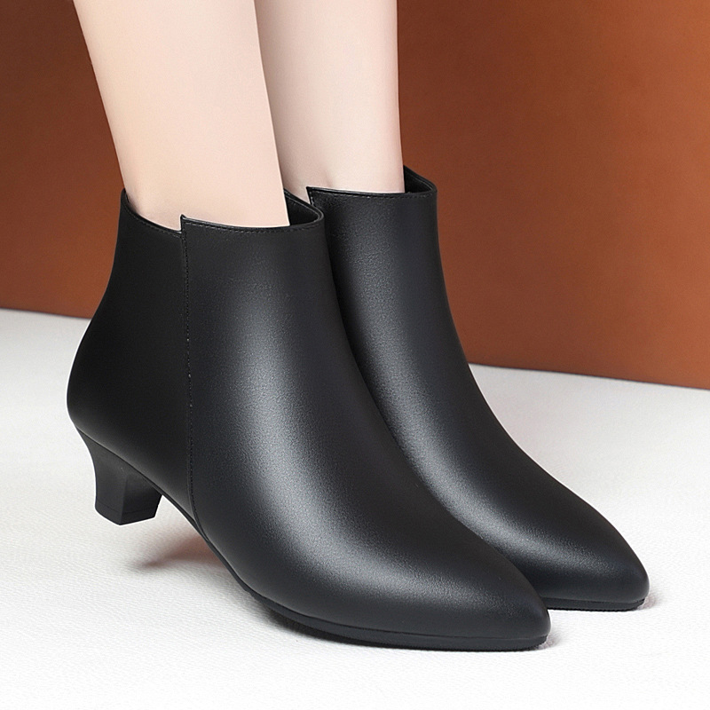 fleece-lined Thickened Small Heel Work Shoes Women's Black Martins Boots Workwear Naked Boots Leather Shoes Women's Shoes Short Boots Autumn and Winter Leather Boots