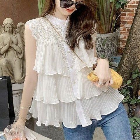 Hollow Solid Color Chiffon Shirt Sleeveless Shirt Women's 2024 Summer New Temperament Design Sense Slim-fit All-match Top