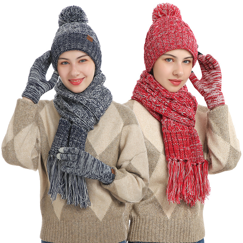 Picture of Winter Hat New Style Knitted Wool European and American Cross-Border Color Hat Thickened Scarf Touch Screen Gloves Three-Piece Set