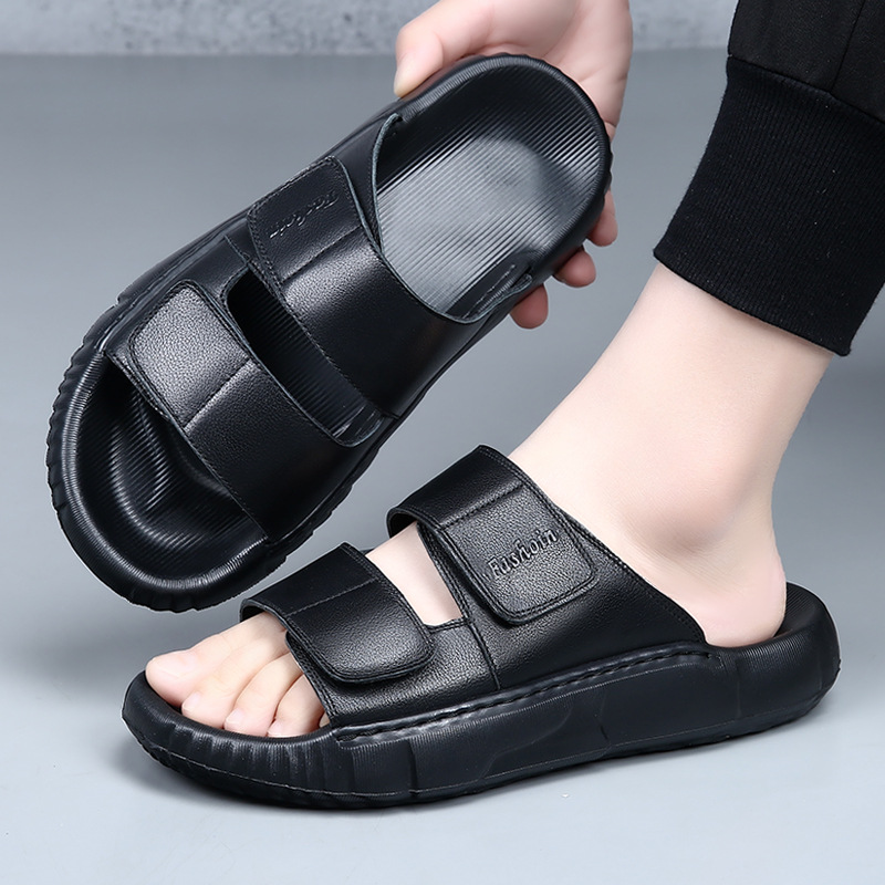 Top Layer Cowhide Slippers Men's Outer Wear 2025 Summer High-end Men's EVA Thick Bottom Non-slip Wear-resistant Men's Slippers