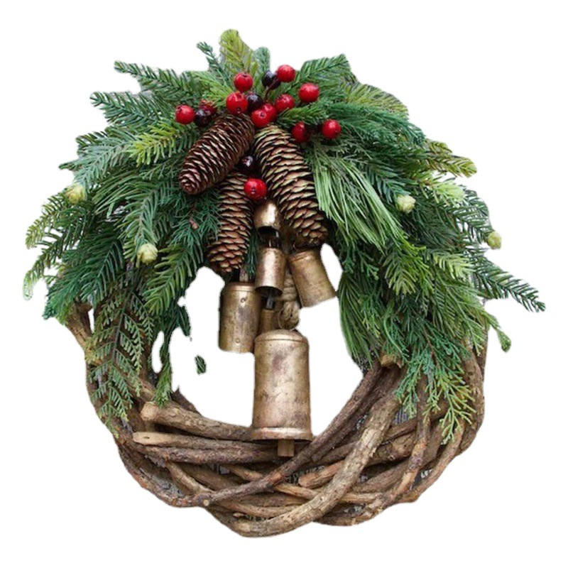 Cross-border farmhouse rattan pine cone wreath Bell wreath door hanging store decoration Christmas Christmas wreath