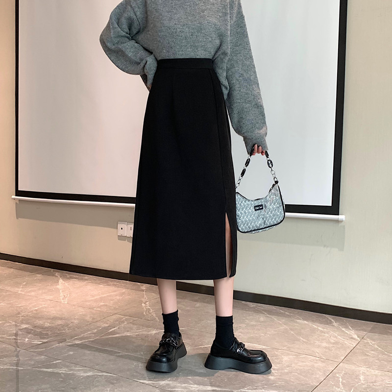 Spring and summer New plus size high waist split mid-length all-match A- line skirt slimming black hip skirt