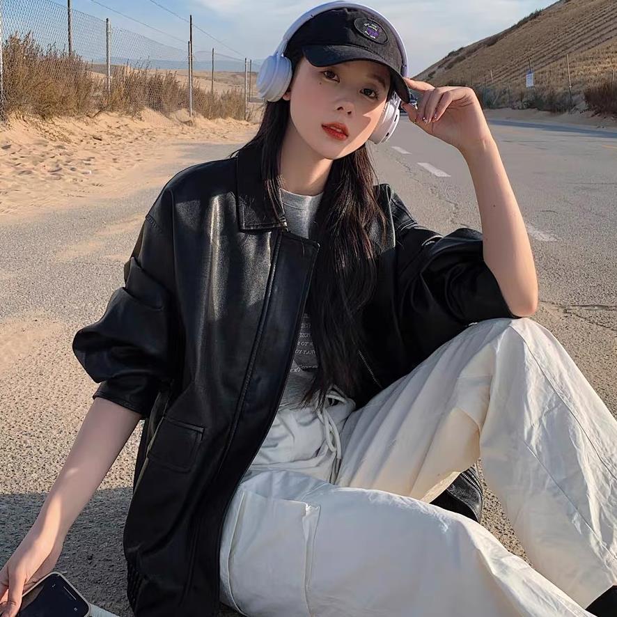 Picture of Brown Imitation Leather Jacket Women's Hong Kong-style 2024 New Autumn High-grade Loose American Vintage Motorcycle Jacket Top
