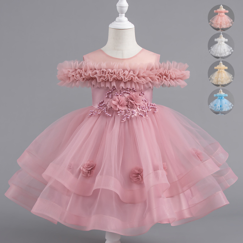European and American Baby Girl One Year Old Dress Summer Dress Flower Girl's off-shoulder Wedding Dress Puffy Princess Dress Children's Performance dress