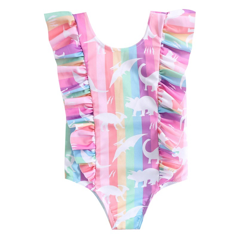 -Rainbow dinosaur print girl ruffled conjoined