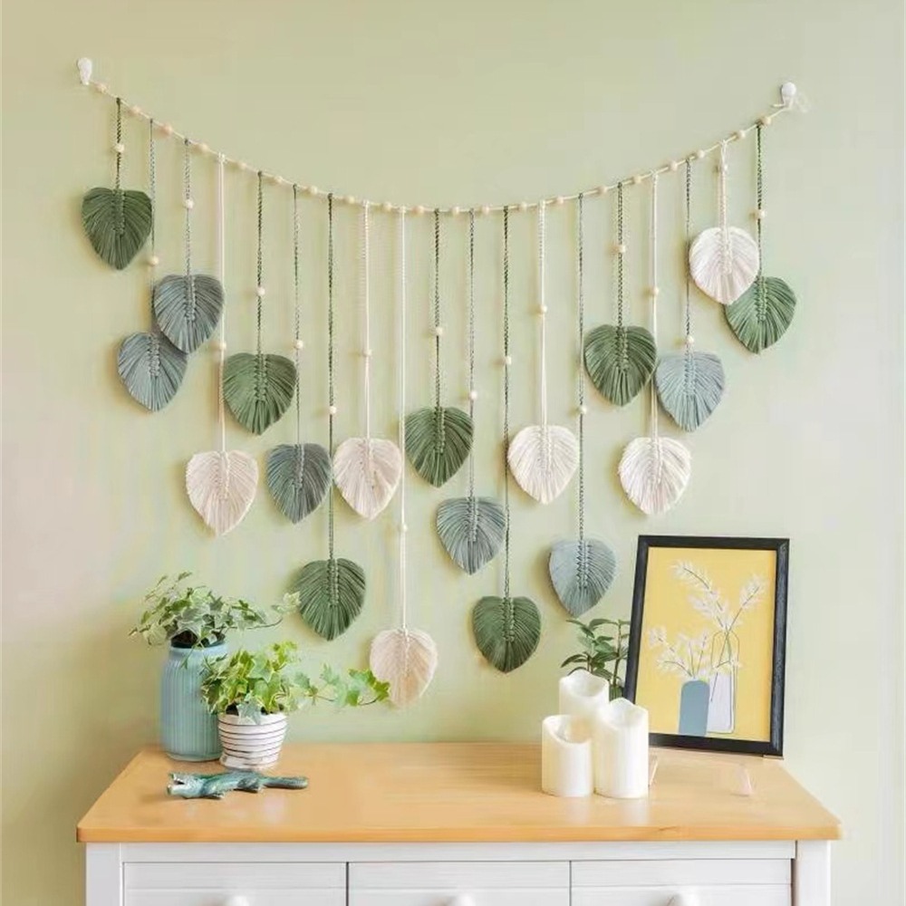 Picture of INS Bohemian Cotton Rope Hand-woven Wooden Beads Leaf Photo Wall Hanging Decorative Tapestries Tassel Wall Hanging