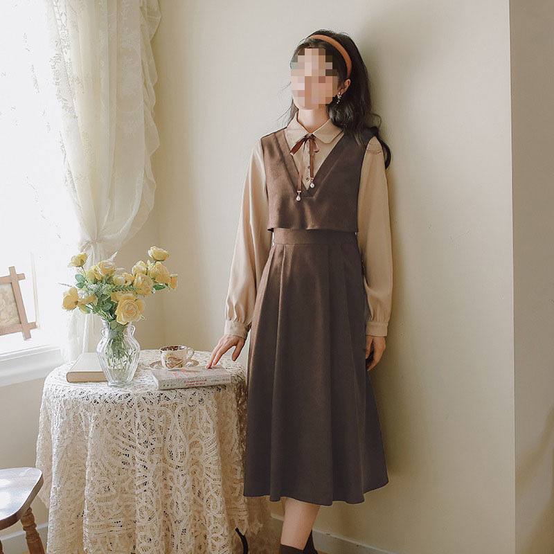 French Hepburn Style Plaid Shirt dress Vintage Tight Waist Slimming Long Skirt