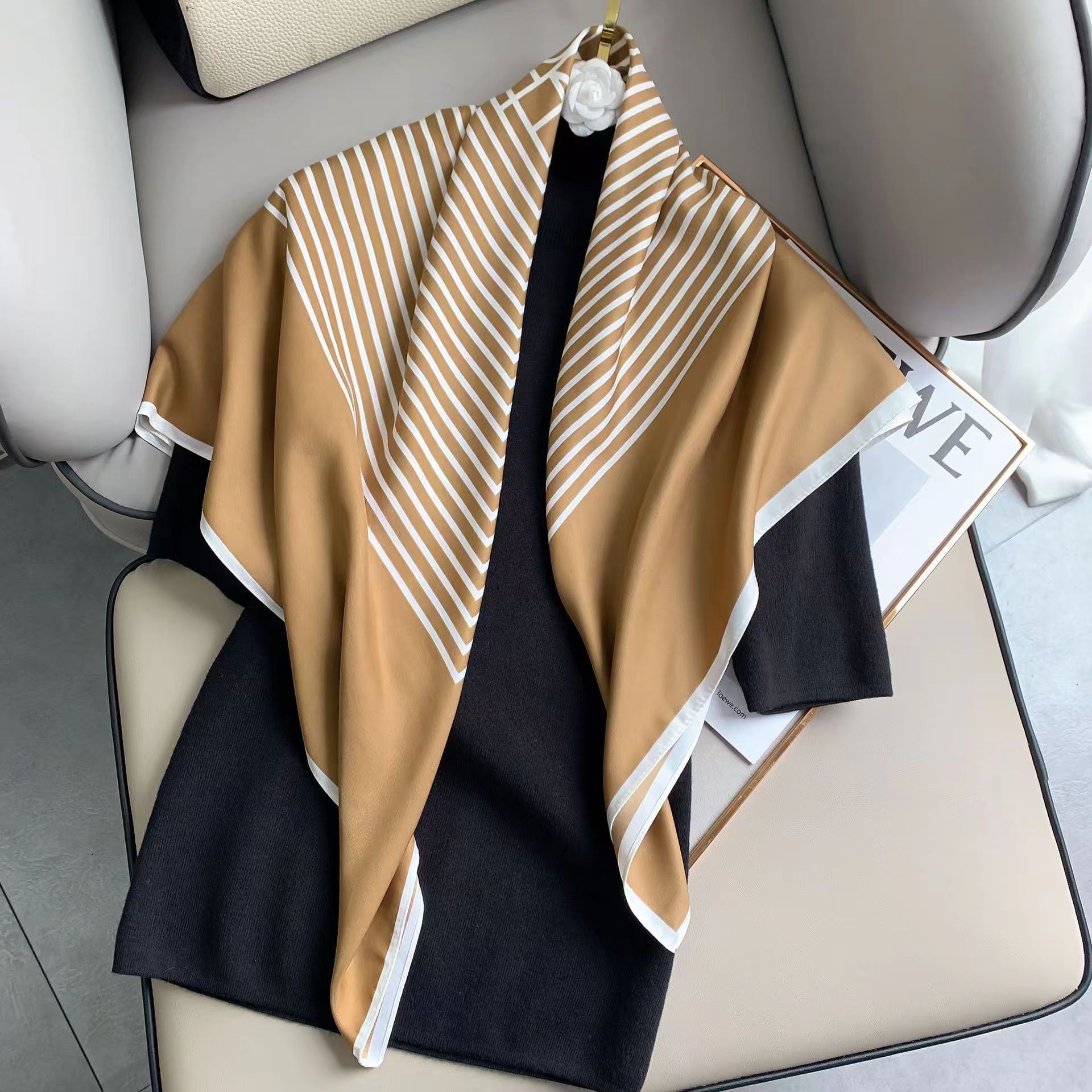French Striped Large Square Scarf Women's Spring and Summer Joker Small Silk Scarf Stewardess Scarf White Scarf Western Style Decorative Shawl