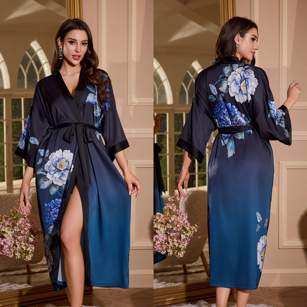 Picture of Yaoting Satin Printed Pajamas for Women Summer Large Size Accessible Luxury Three-Quarter Sleeves Cool Long Nightgown Home Wear Women Wp2669