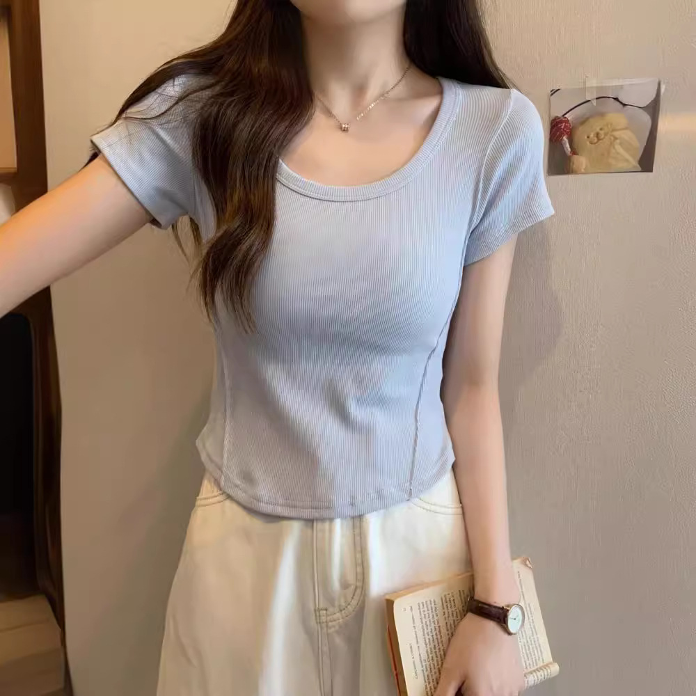 Picture of Irregular U-neck Short-sleeved T-shirt Women's 2025 Summer New Korean Style Slim-fit High Waist Short Student Solid Color Trendy Top