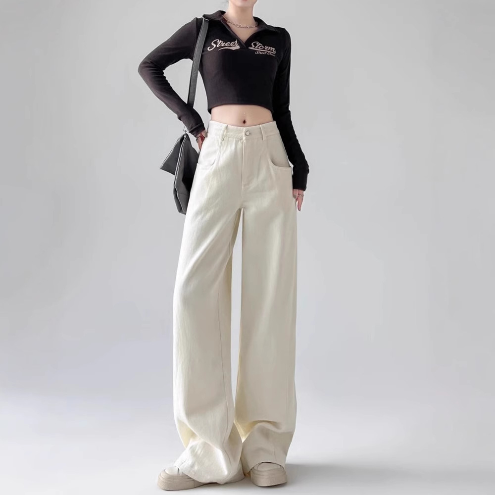 White Wide Leg Jeans Women's Autumn and Winter High Street Banana Pants American Style Retro High Waist Straight Loose Dumped Pants