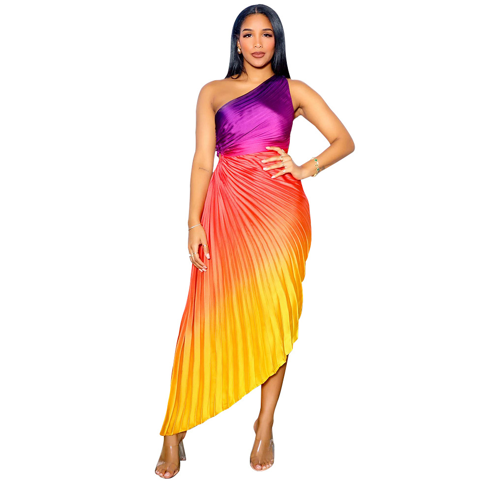 Picture of K10753 AliExpress Amazon Explosions European and American Fashion Women's Imitation Silk Printing Oblique Collar Pleated dress New