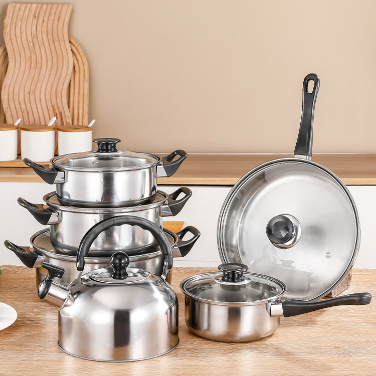 Cross-border Thickened Stainless Steel Set Pot Milk Pot Soup Pot Frying Pan with Kettle 12 Piece Set Kitchen Cooking Pot suit