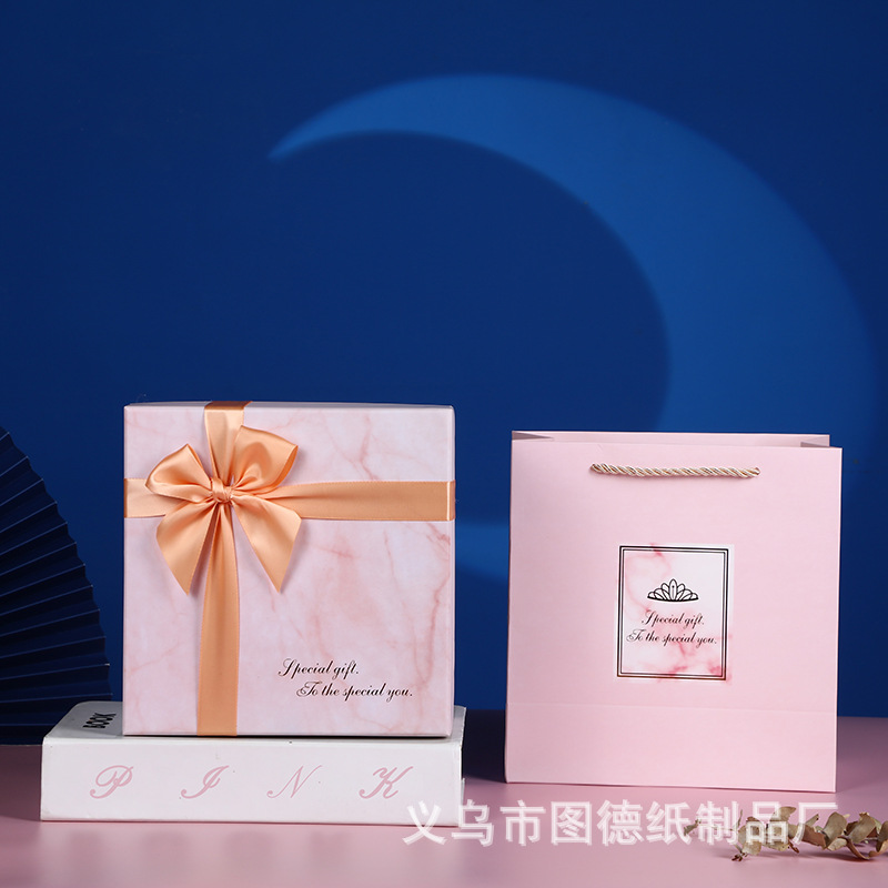 Creative Square Heaven and Earth Cover Gift Box Pink Bow Marble Packaging Box Skin Care Gift Box Candy Box