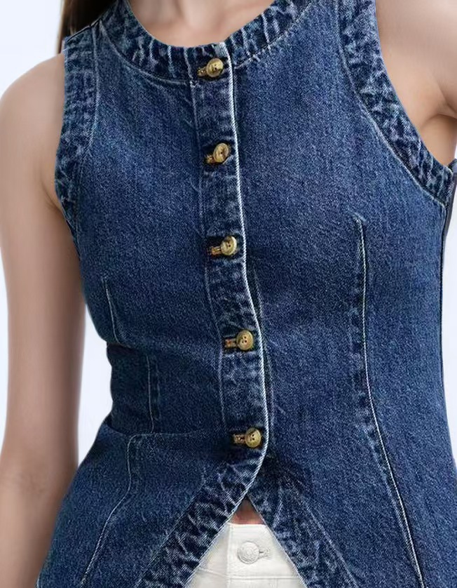 Picture of European and American Foreign Trade Cross-Border Women's Clothing Autum New Amazon Washed Button Round Neck Sleeveless Denim Vest