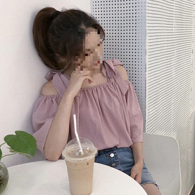 Picture of Spring and Summer 2022 New Korean Striped Shirt Female Student Lace-up Short Sleeve Shirt Loose Shoulder Top Trendy
