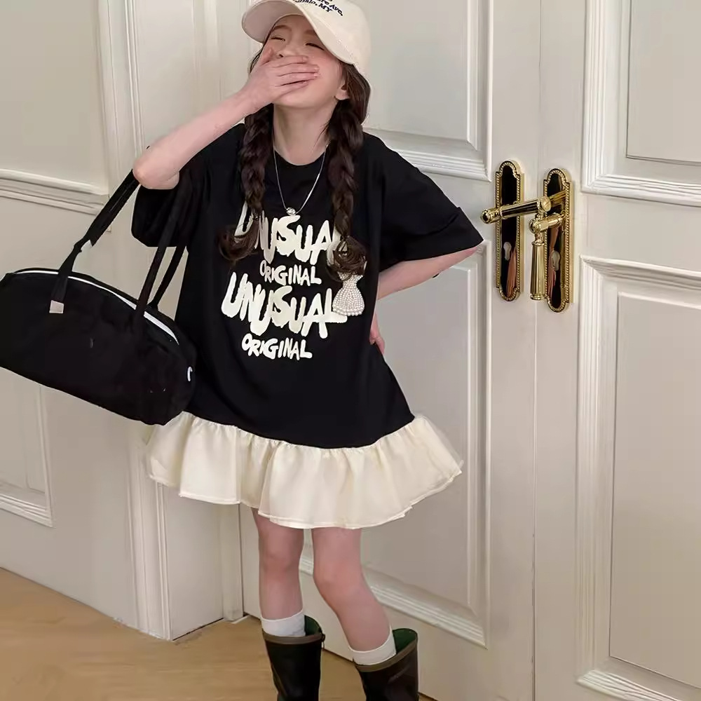 Picture of 2024 New Girls' Summer T-shirt Dress Western Style Mid-Big Children's Letter Printed Short-Sleeved Ruffled Stitching Dress
