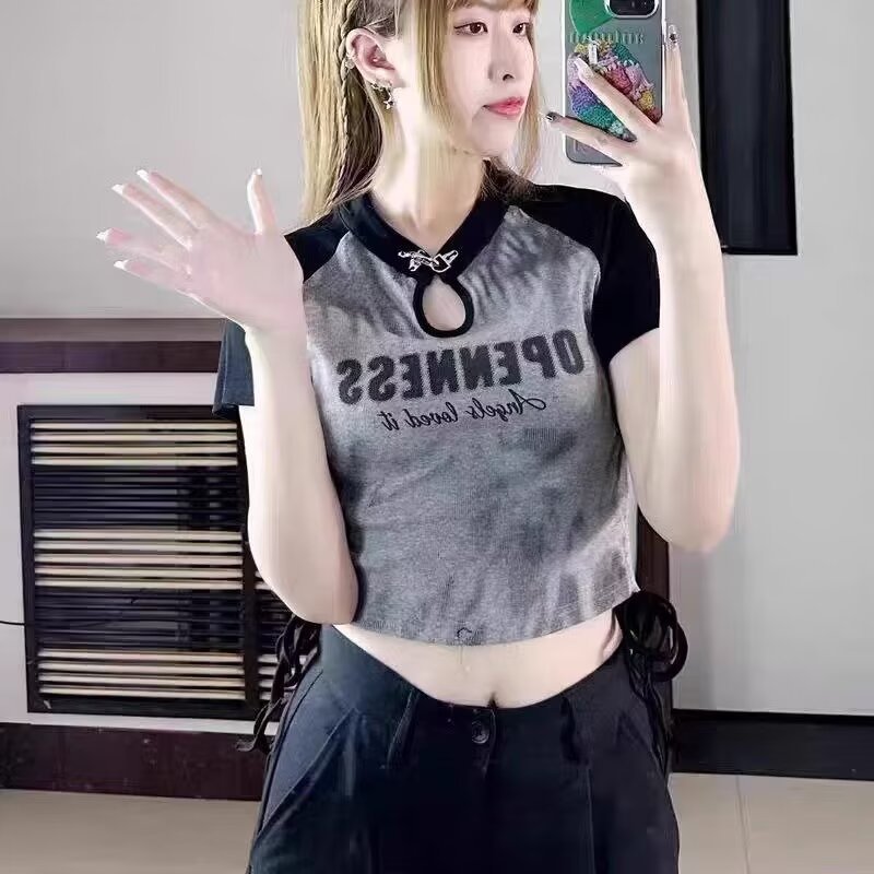American-style Contrast Color Design Sense Niche Spice Girls Short-sleeved T-shirt Women's Summer Slim-fit Slimming Drawstring All-match Short Top