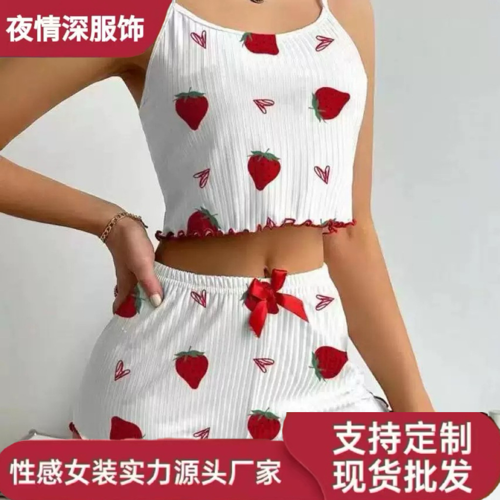 European and American Style Women's Pajamas with Heart Print, Sexy Camisole and Shorts Home Two-Piece Set, Exclusively for Cross-Border Sales