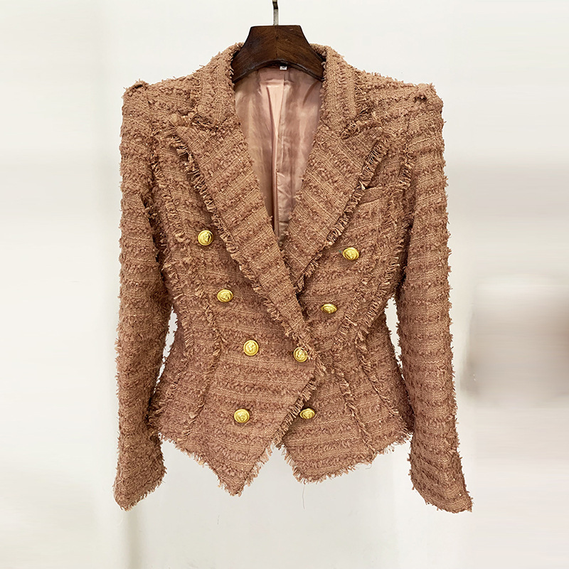 in stock 2025 Fall/Winter New European and American Star Fashion Tassel Edge Tweed Slim Suit Jacket Pink Brown