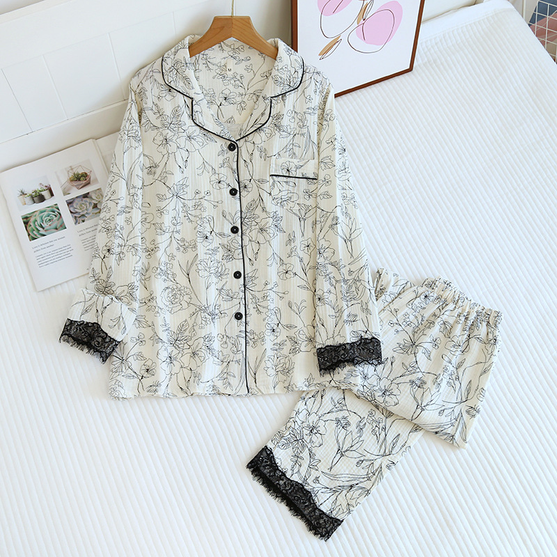 Chinese style spring and autumn pajamas women's cotton lapel printed lace sleeve cardigan long sleeve trousers home wear generation hair