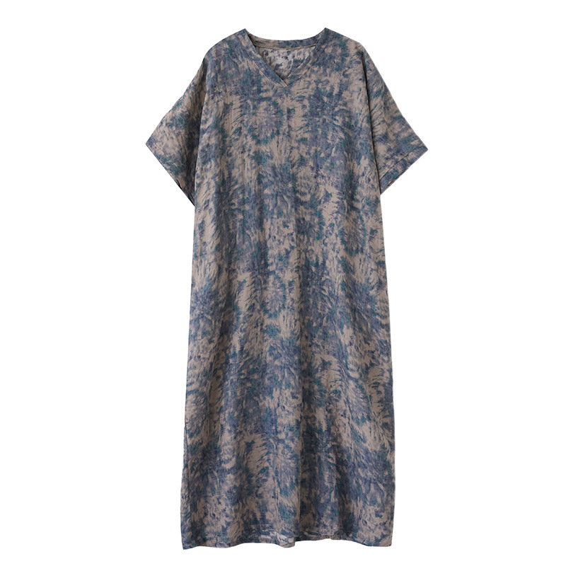 Picture of 2025 Summer Fashion Loose plus size Women's New Artistic Retro V-neck Cotton Linen Printed Shoulder Sleeve dress