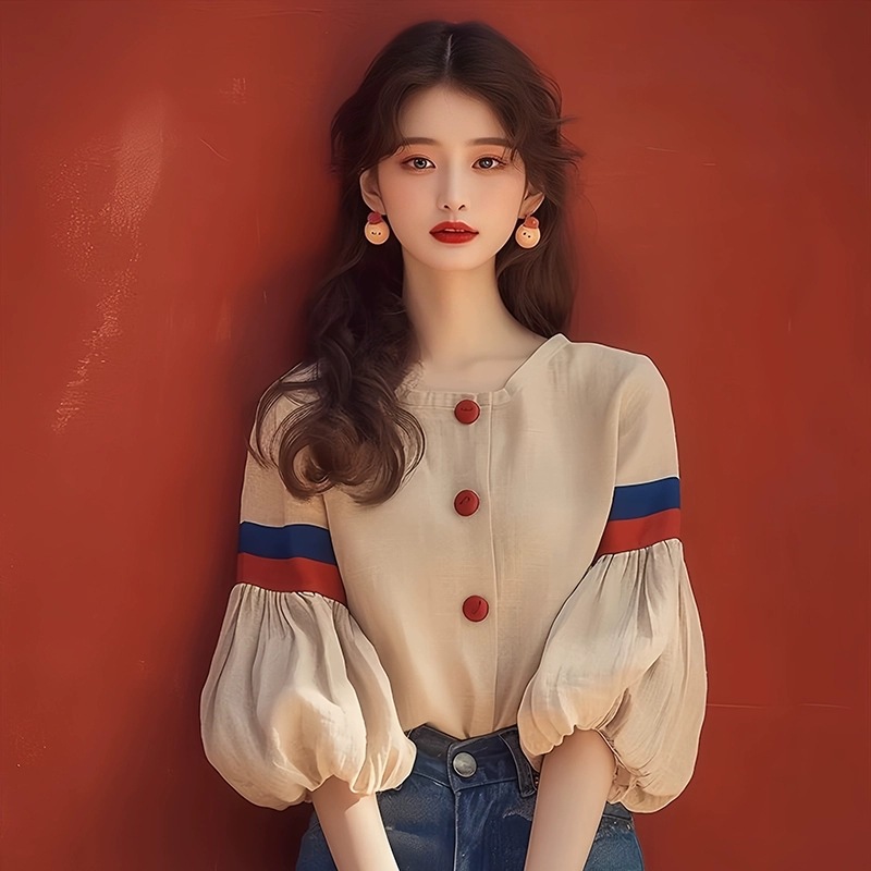 Quality 2024 Early Autumn Round Neck Stripe Stitching Bubble Sleeve Shirt Chic Design Sense Top Daily All-Match