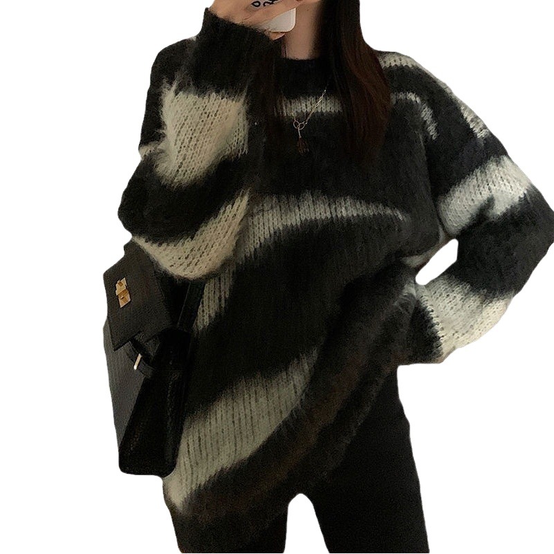 Black and White Pattern Sweater Women's Top 2023 Autumn and Winter Round Neck Street Casual Long Sleeve Colorblock Striped Pullover Knitted Sweater