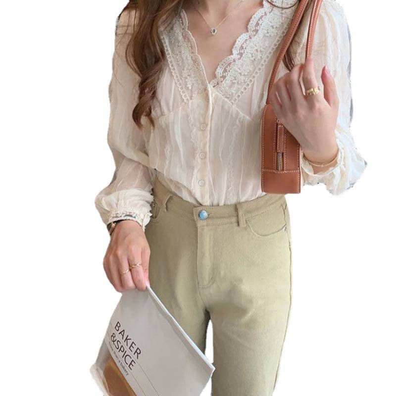 Picture of Elegant V-neck lace shirt for women 2022 Spring New Gentle all-match chiffon sweet chic small shirt