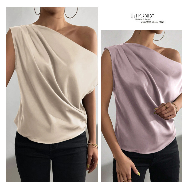 Picture of 2025 Spring Solid Color Satin Simulated Silk Irregular Sloping Shoulder One-Neck Pullover Sleeveless Shirt Women's European and American Clothing