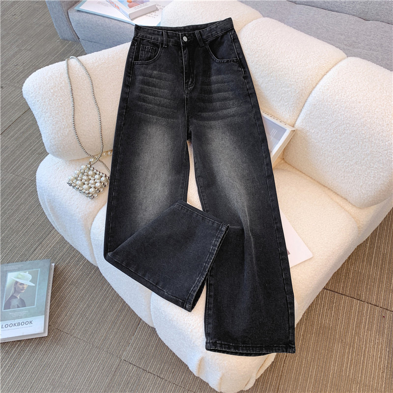 New Autumn and Winter Black Wide-Leg Jeans for Women, Straight-Leg, Loose, Slim, High-Waisted, Slim, Versatile, Drapedy Floor-Length Pants, Cotton
