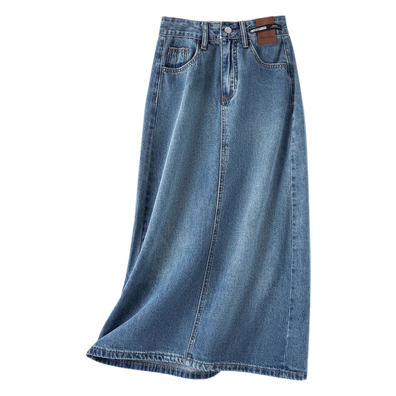 Rear Split Skirt Women's Niche Leather Brand High Waist A- Line Mid-Length Vintage Straight Bucket Hip-Covering Denim Skirt
