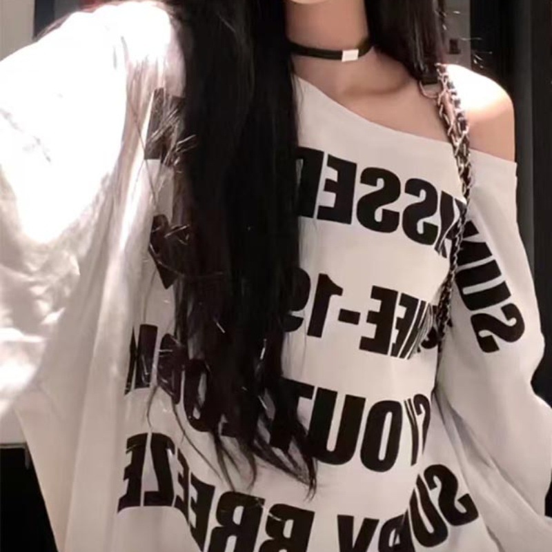 American Style Spice Girls Shoulder Letter Print Long-sleeved T-shirt Women's Early Autumn Mid-length Casual Loose Laid-back Shoulder Top