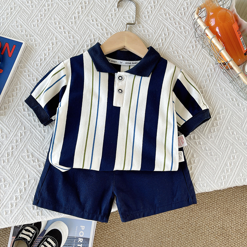 Boys Summer Short-Sleeved Suit New Fashionable Boy Polo Shirt Kidsren Baby Handsome Two-Piece Set Kidsren's Clothing Wholesale