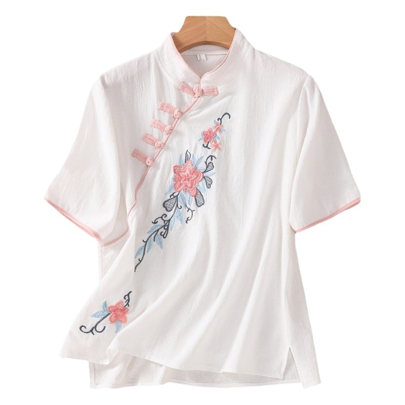 New Artistic Retro Tea Break Cotton Buckle Top Women's Zen Tea Clothes Short Sleeve Chinese Style Embroidered Artistic Shirt