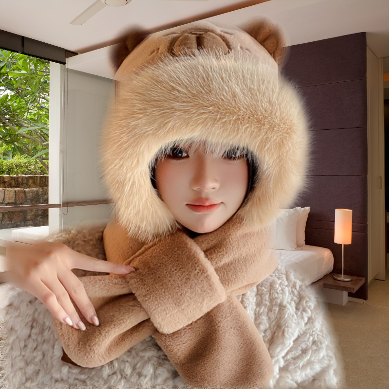 Picture of Loveable Capibala Hat Scarf Three-piece Set Women's Autumn and Winter Cartoon Plush Capybara Warm Windproof Scarf