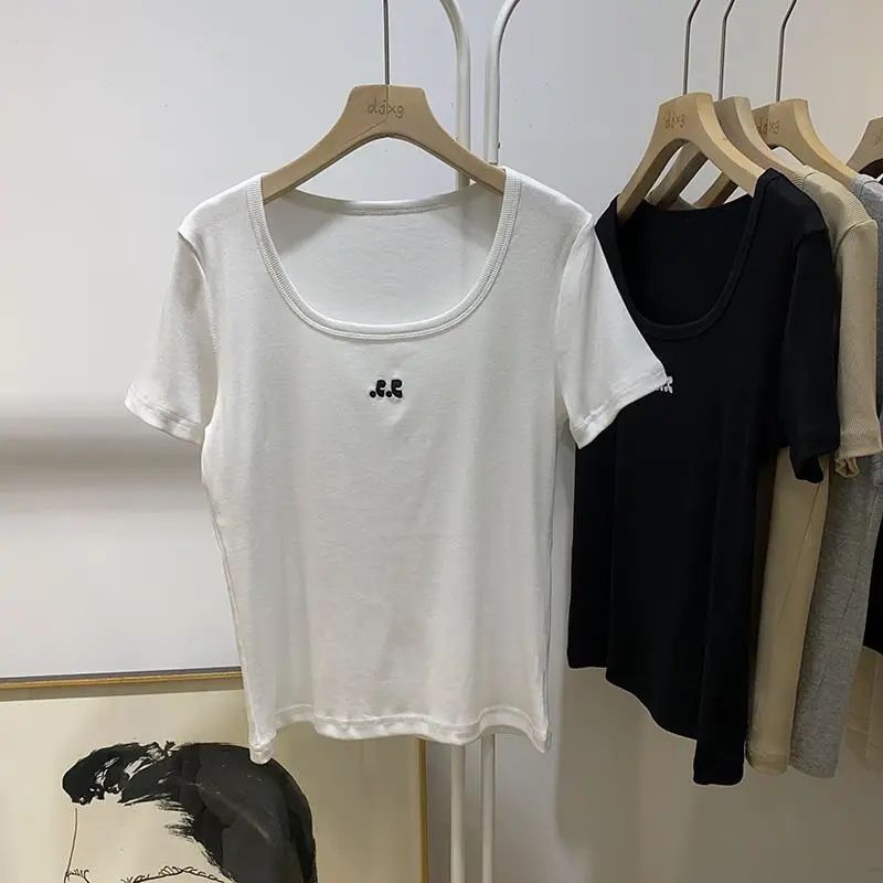Summer Simple Western-style Basic Square Collar Pullover Short-sleeved T-shirt Women's Embroidered Slim-fit Inner Base Shirt Top Trendy