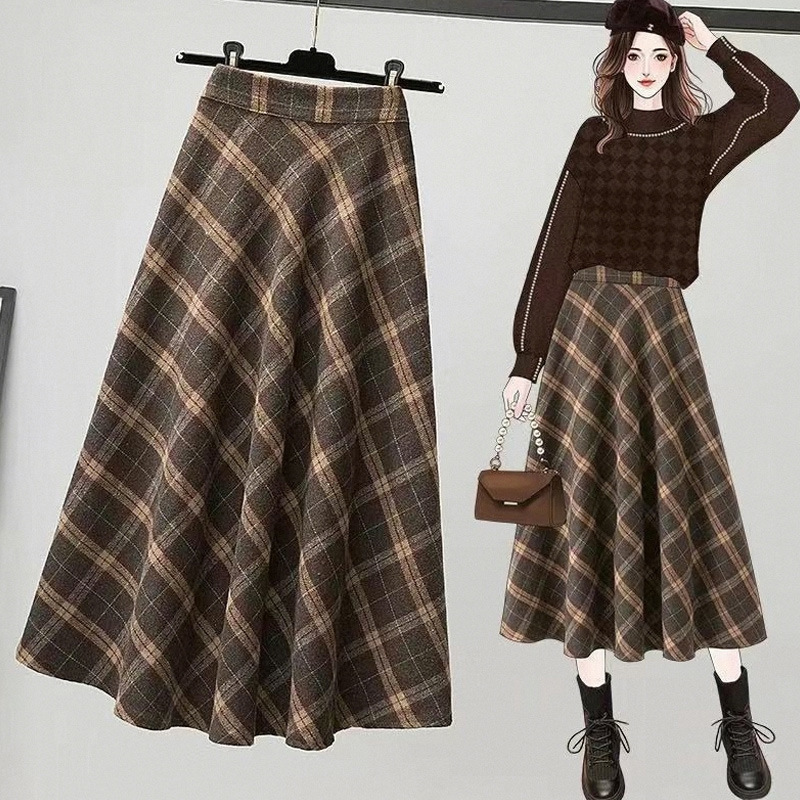 Plaid bag skirt women's winter 2023 new A- line woolen pleated skirt plus size chubby girl umbrella skirt autumn and winter
